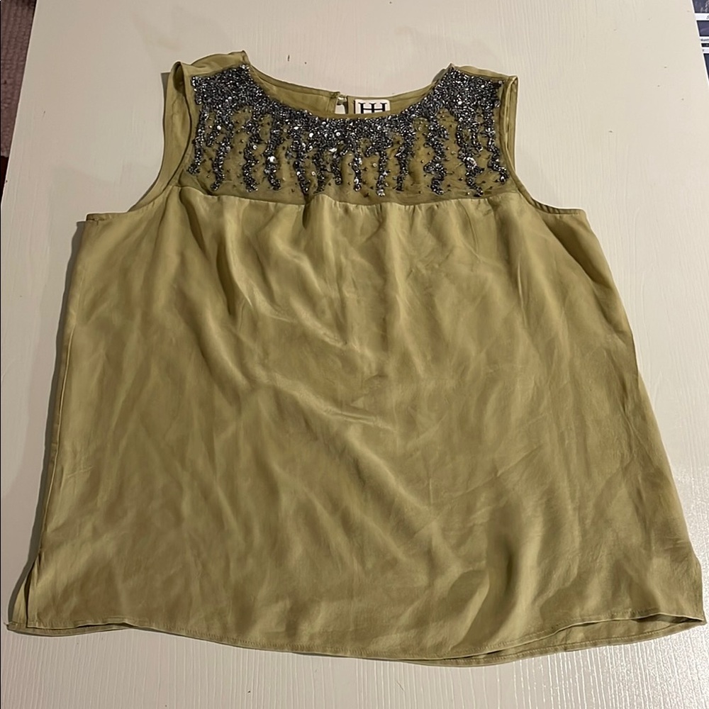 Haute Hippie Sage Green Hand Beaded Yoke Sleeveless Silk Blouse- Size Medium